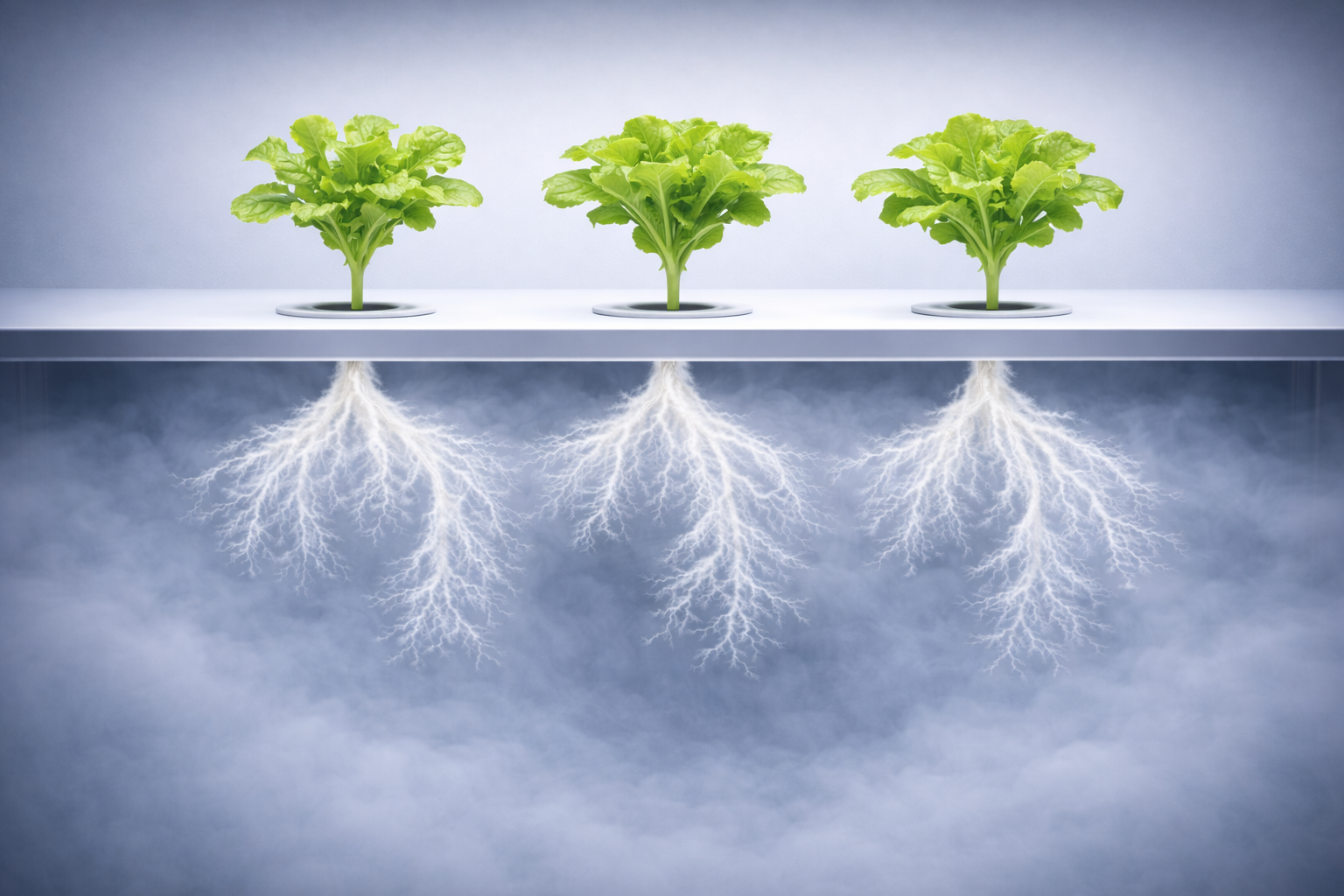 Fogponics system showing three plants with visible root systems surrounded by nutrient fog